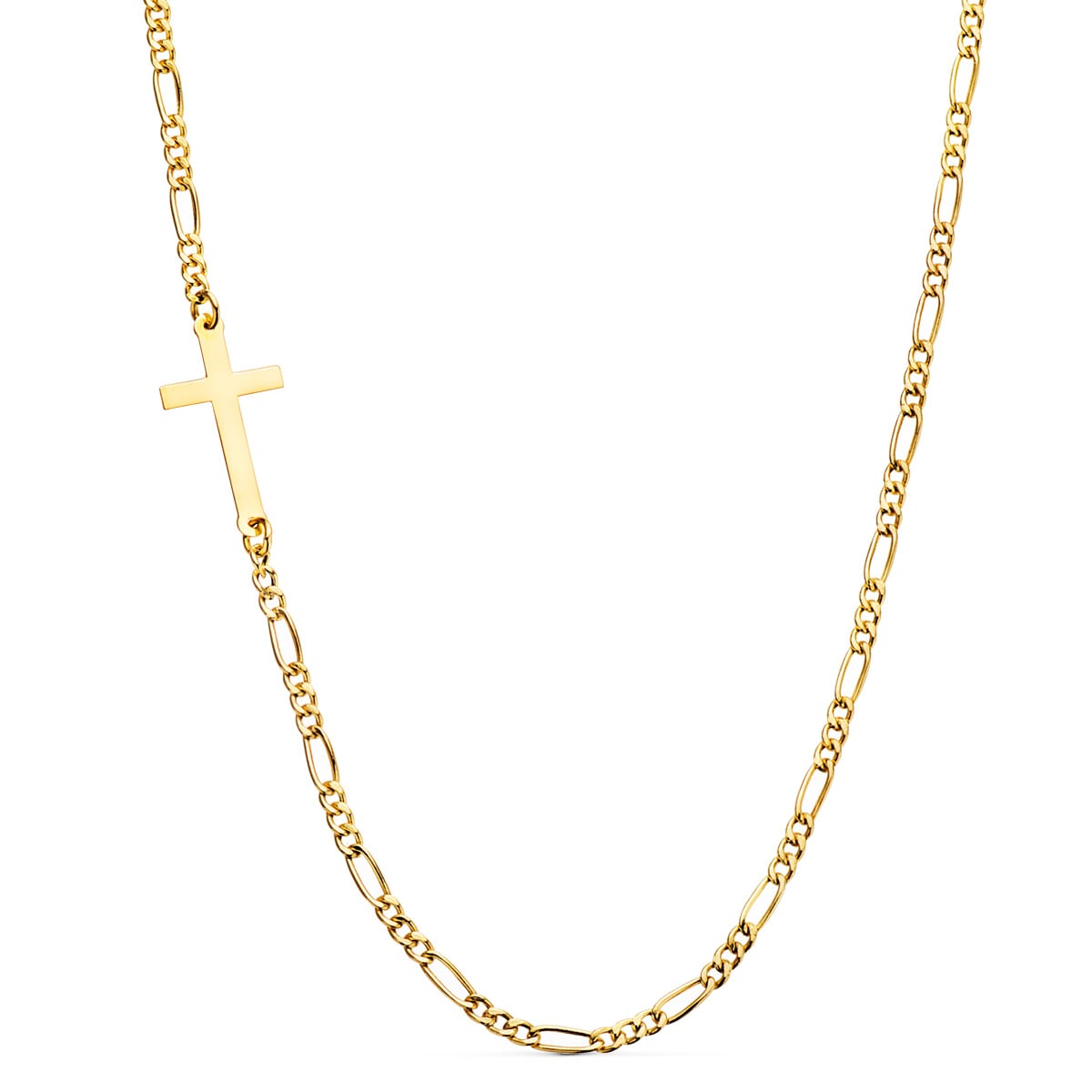 18K Collier Or Jaune avec Croix et Chaine Figaro 42 Cm
