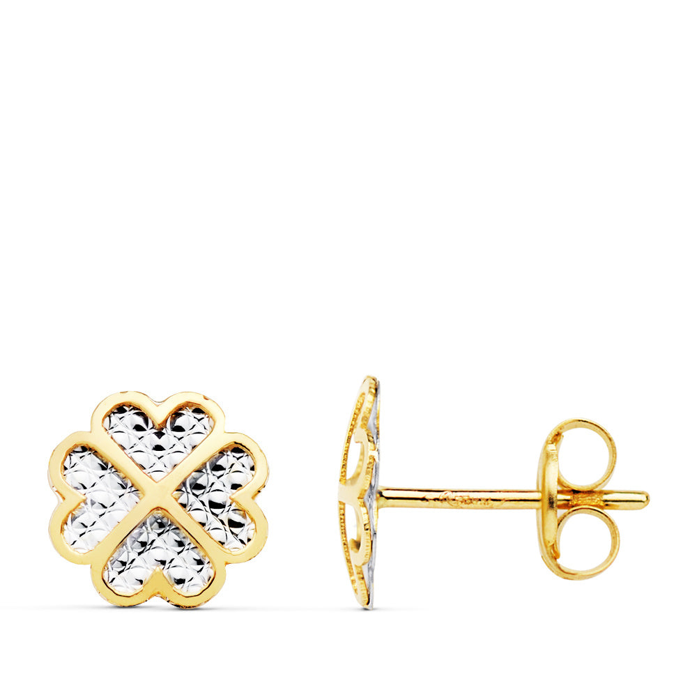 Cercei Clover din aur bicolor de 18K, 8X8 mm. Închidere tip fluture