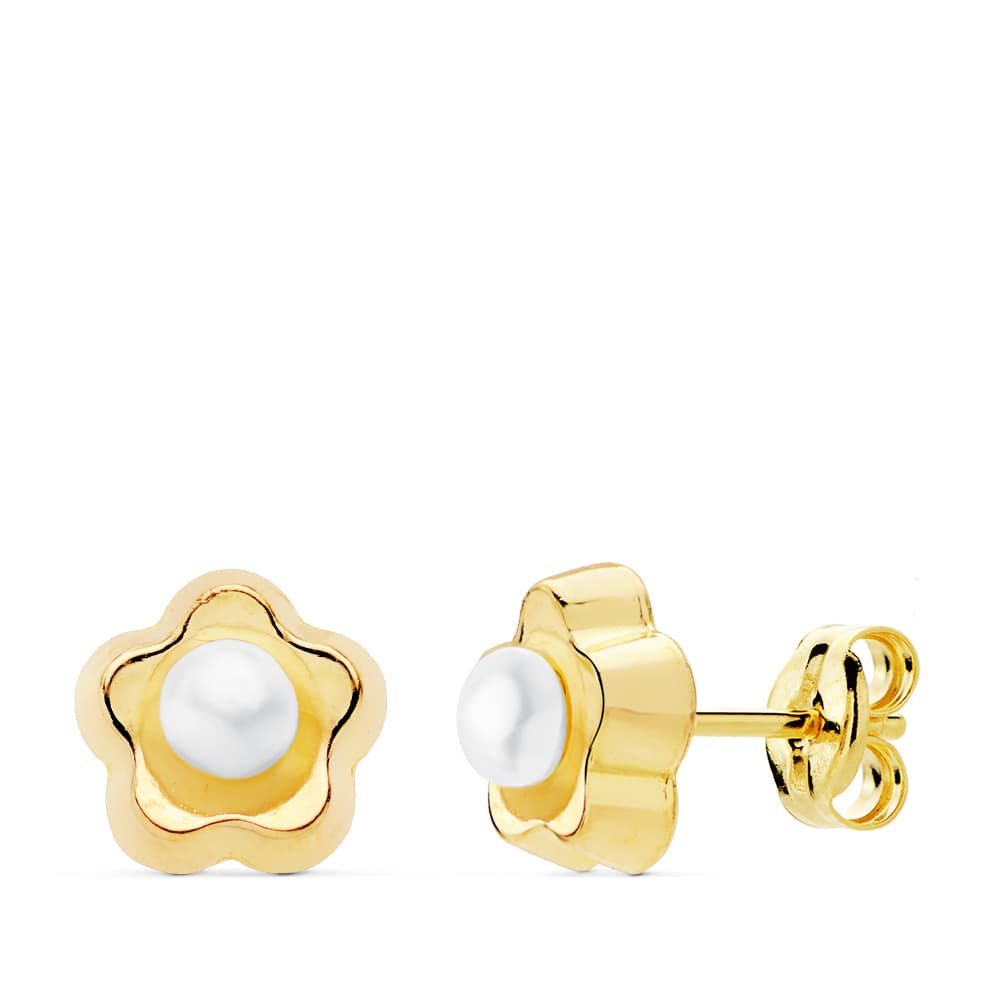 Boucles d'oreilles Or Jaune 18K Perle Fleur 8X8 mm Fermoir Poussettes Papillon