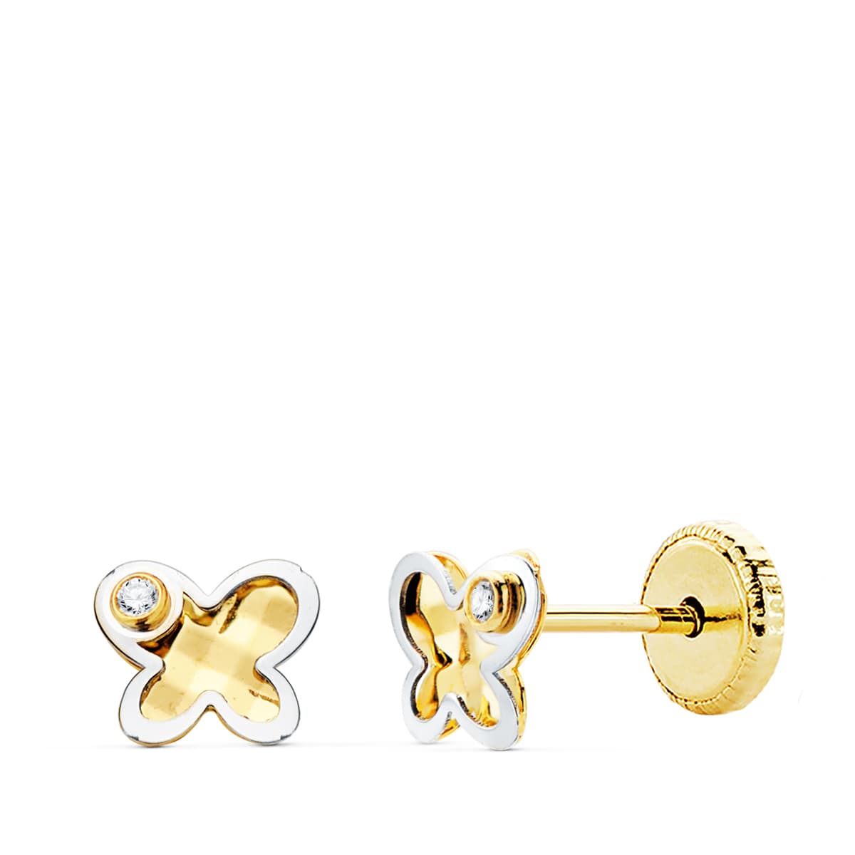 Brincos de borboleta em ouro bicolor 18K com zircão e fecho de parafuso de 5,5 x 4,5 mm