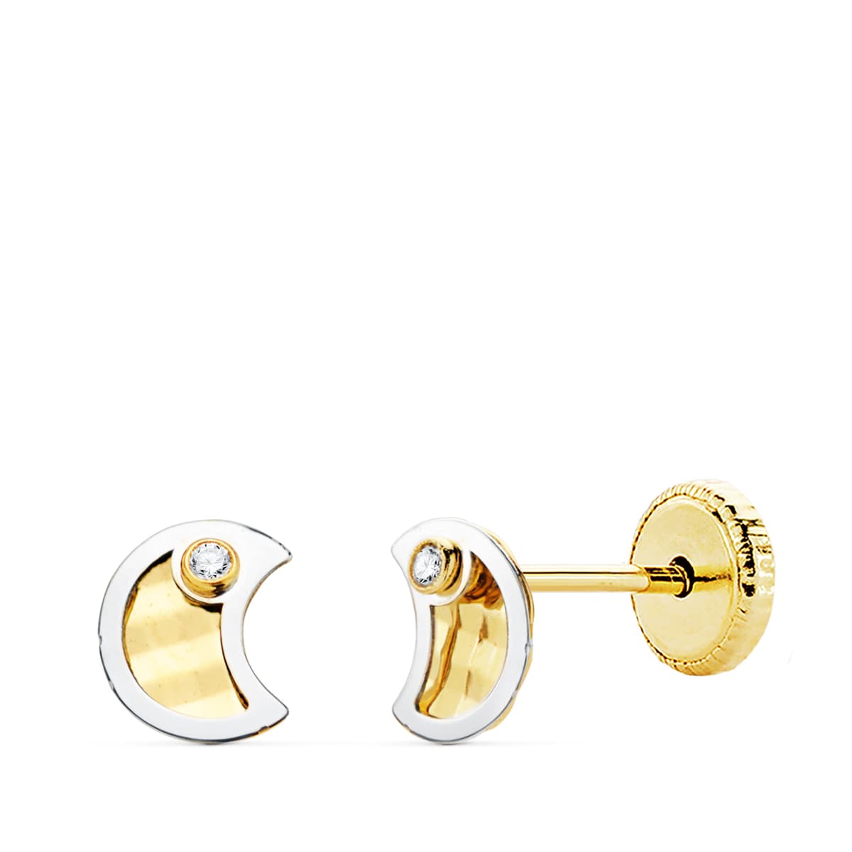 Pendientes Oro 18K Bicolor Circonitas Luna 5,5 X 4,5 mm Cierre Rosca
