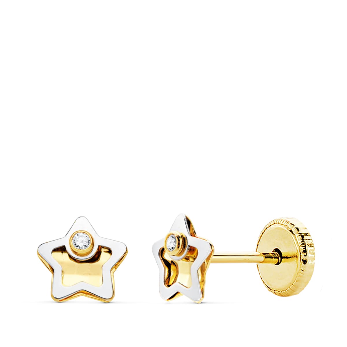 Pendientes Oro 18K Estrella Bicolor Circonitas 5 x 5 mm Cierre Rosca