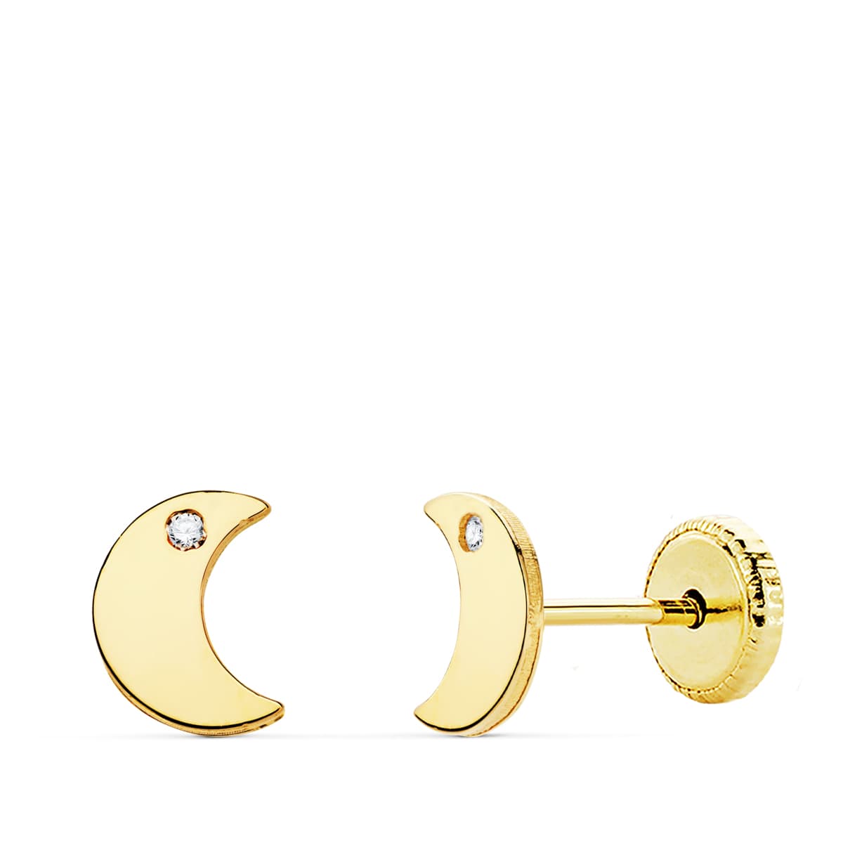 18K Boucles Doreilels Or Jaune Lune Zircon 6.5 X 5 mm Fermoir a Vis