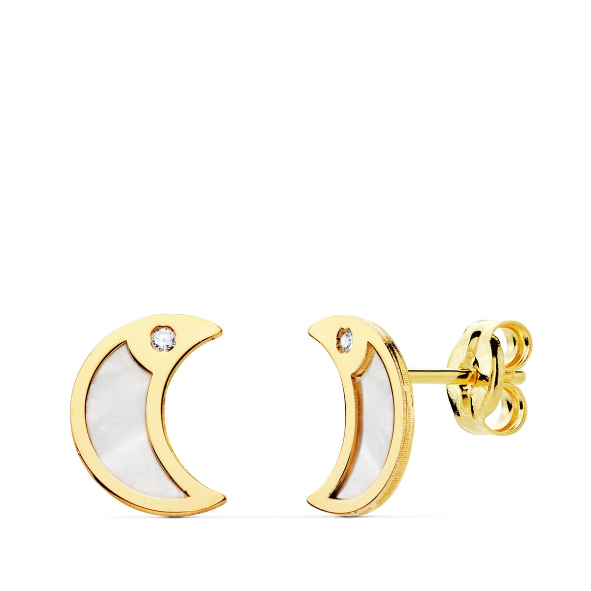 Boucles d'oreilles Or Jaune 18K Nacar Lune et Zircon 8X6 mm Fermoir Poussettes Papillon