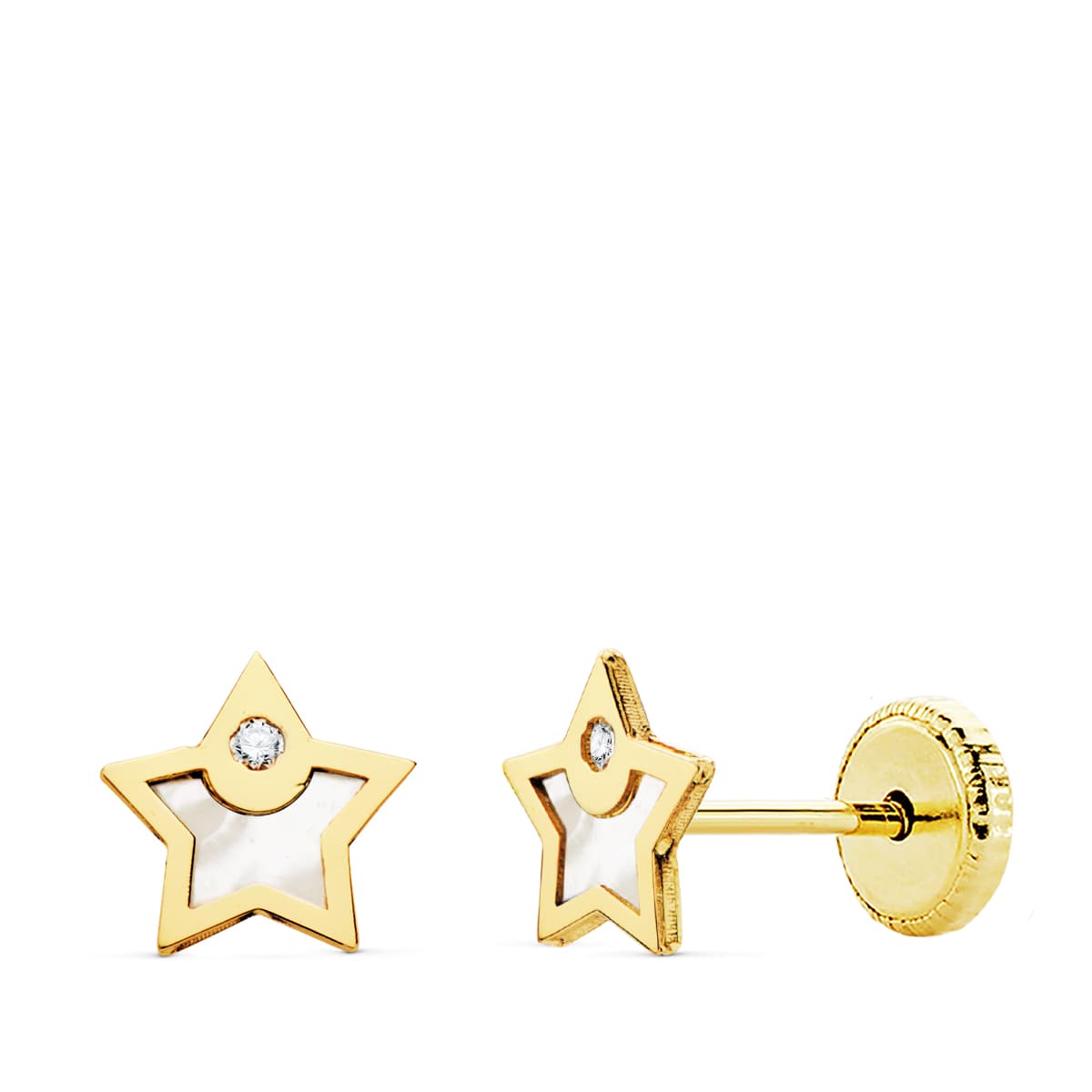 Pendientes Oro Amarillo 18K Estrella Nácar y Circonitas 6 X6 mm Cierre Rosca