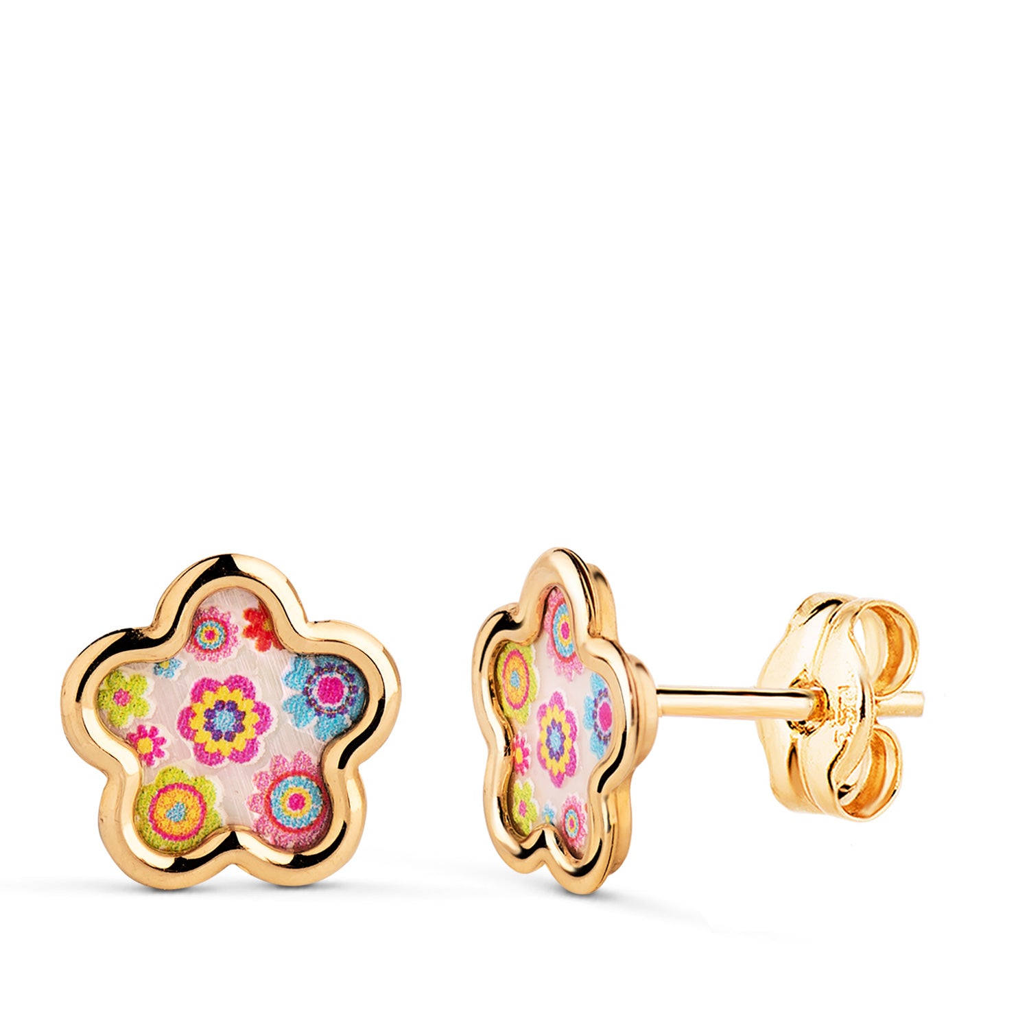 Boucles d'oreilles Or Jaune 18K Fleur Nacre Couleurs 8X8 mm Fermoir Poussettes Papillon