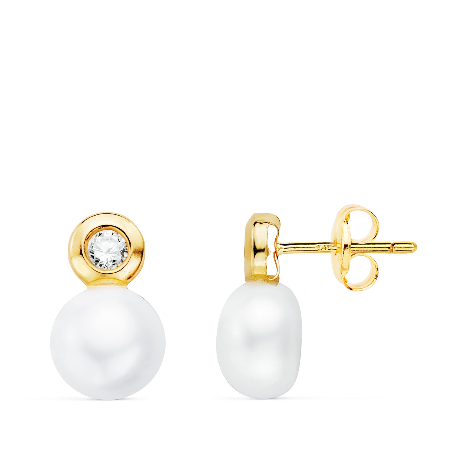 Boucles d'oreilles Or Jaune 18K Perle et Chaton avec Zircone Taille : 12 X 7 mm Fermeture à Pression