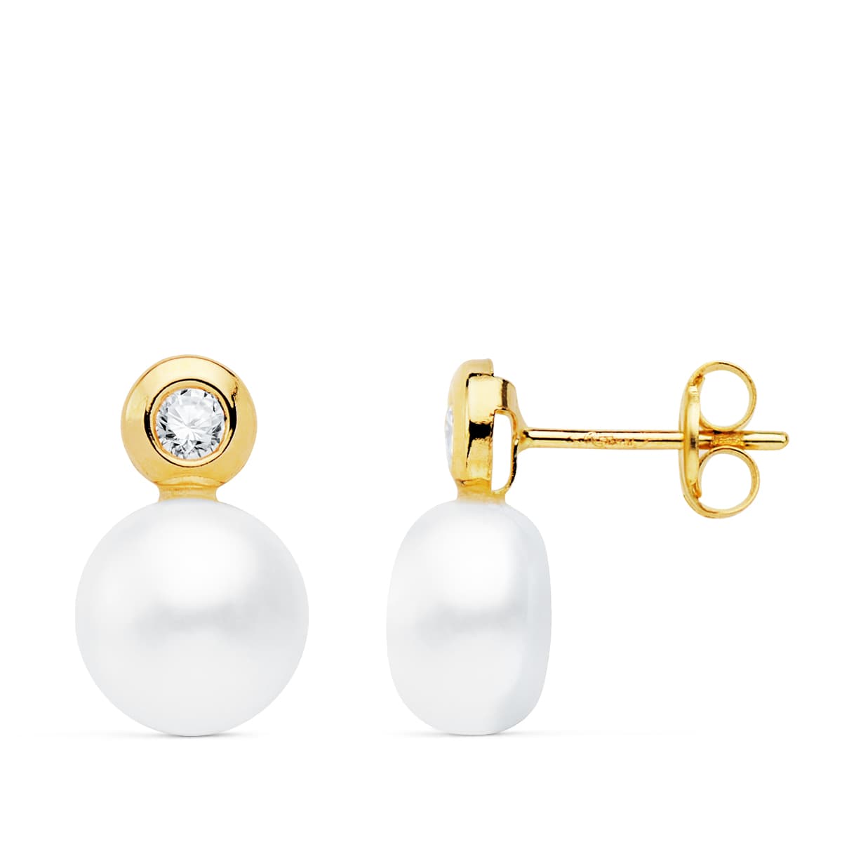 Boucles d'oreilles Perle et Chaton Or Jaune 18K 13X8 mm Fermoir Poussettes Papillon