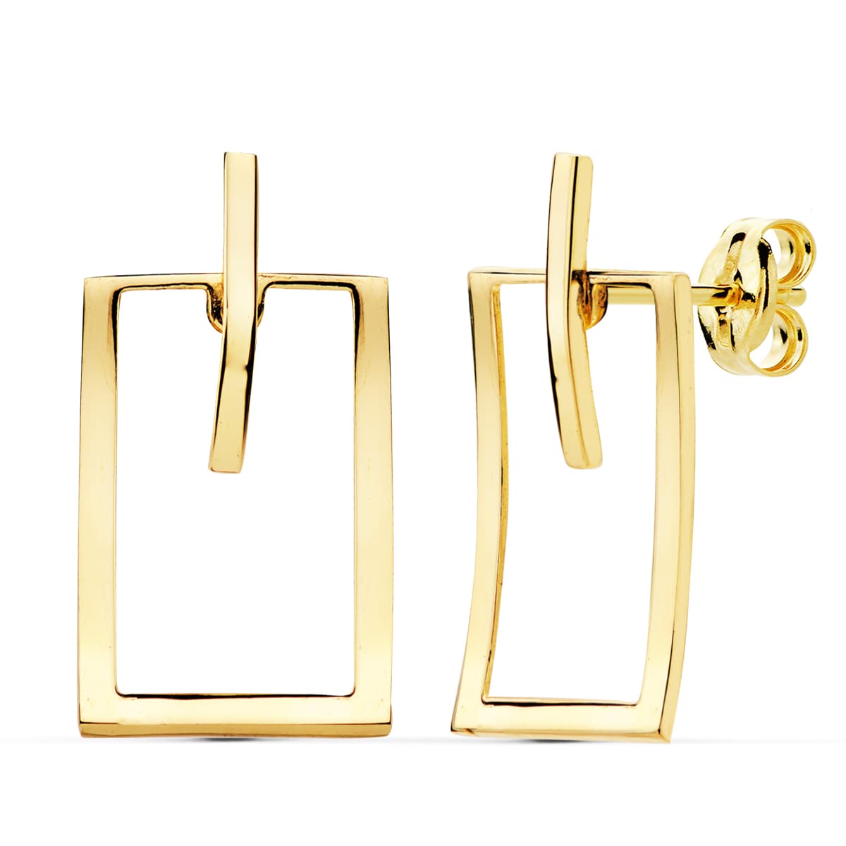 Boucles d'oreilles Or Jaune 18K Rectangle et Barre 20X11 mm Fermoir Poussettes Papillon