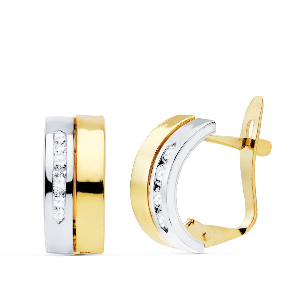 Pendientes en Oro Bicolor de 18K Dos Bandas con Pasamanos de Circonitas Cierre Catalán 12 x 5 mm