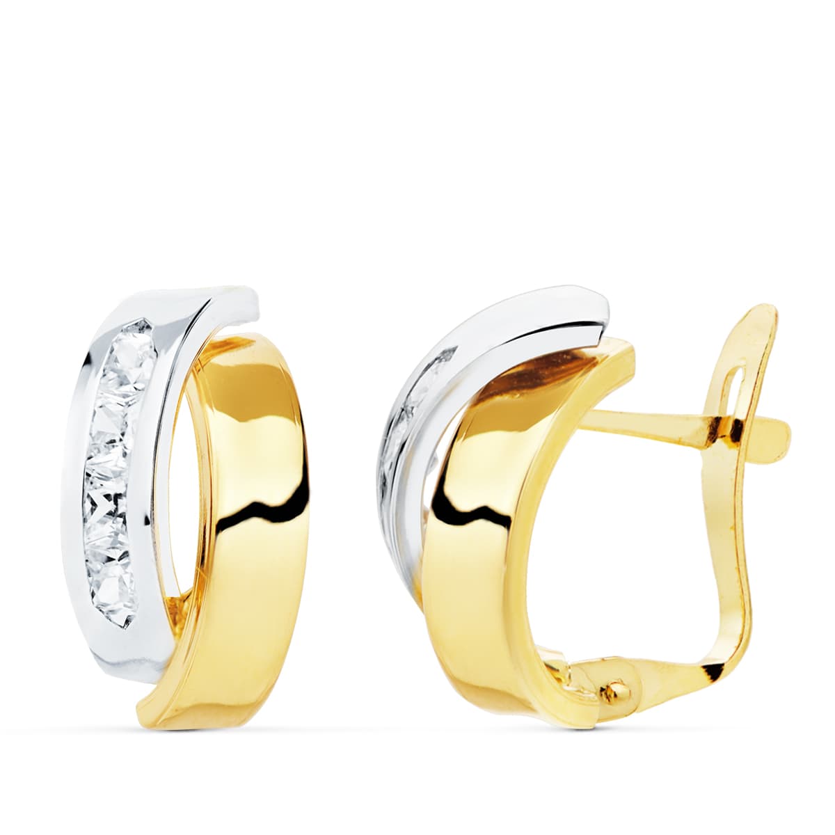 Pendientes Oro Bicolor de 18K con Bandas y Cierre Bisagra de Circonitas 15X8 mm