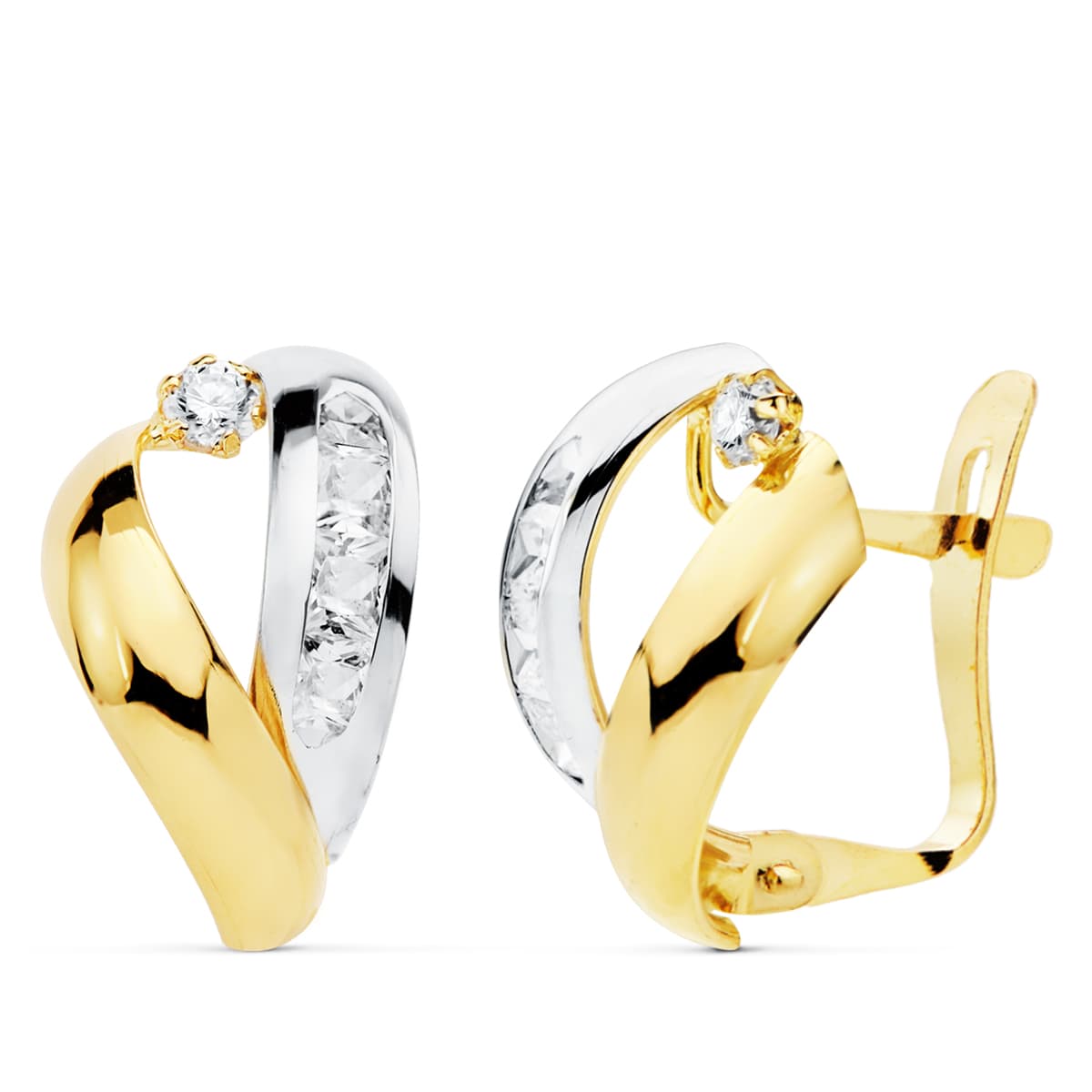 Pendientes Oro Bicolor de 18K con Bandas y Cierre Bisagra de Circonitas 16X9 mm
