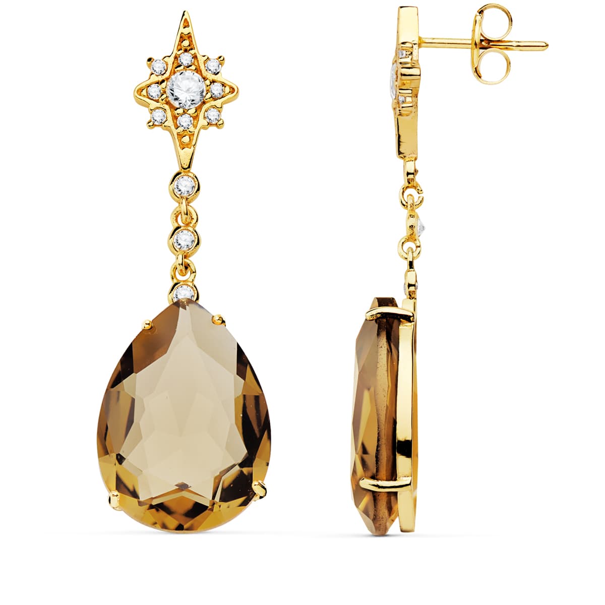 Boucles d'oreilles Or Jaune 18K Pierre Poire Couleur Fumée 41X13 mm Fermoir Poussettes Papillon