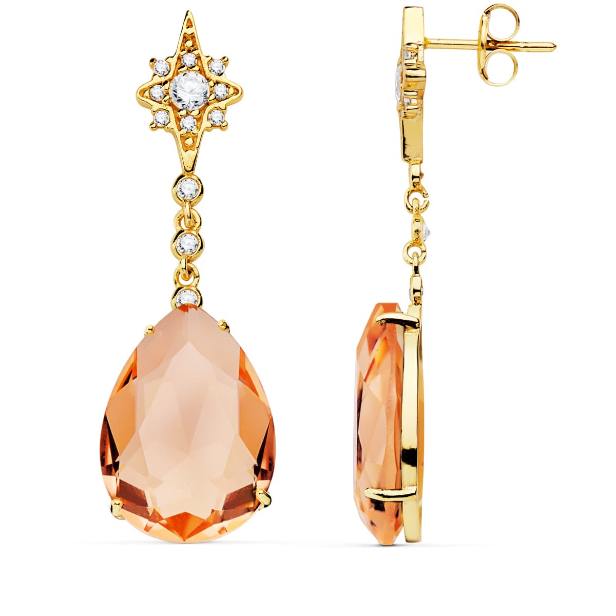 Boucles d'oreilles Or Jaune 18K Pierre Kuncite Couleur Poire 41X13 mm Fermoir Poussettes Papillon