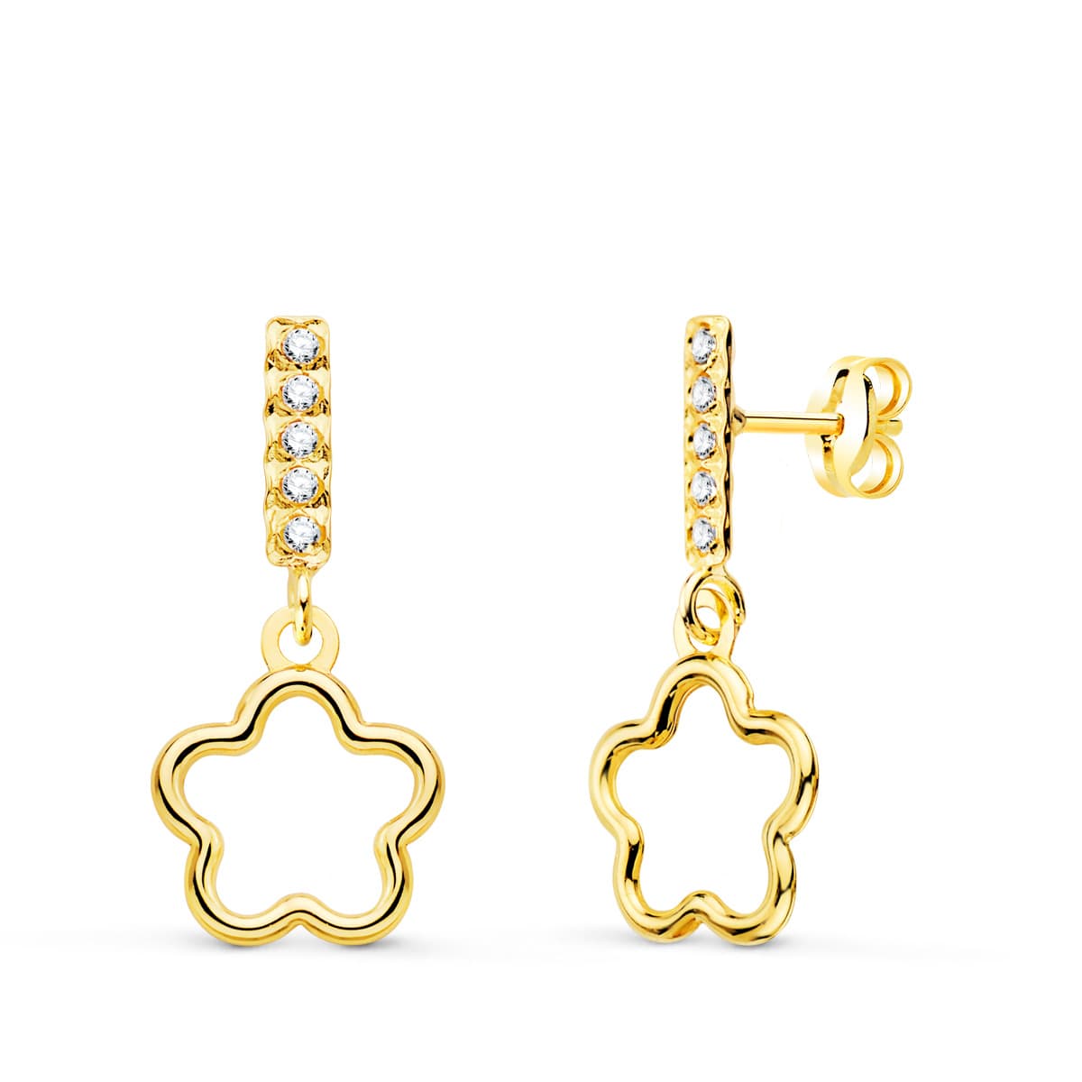 18K Boucles d'oreilles Pendantes Or Jaune Fleur et Zircons 18 X 8 mm