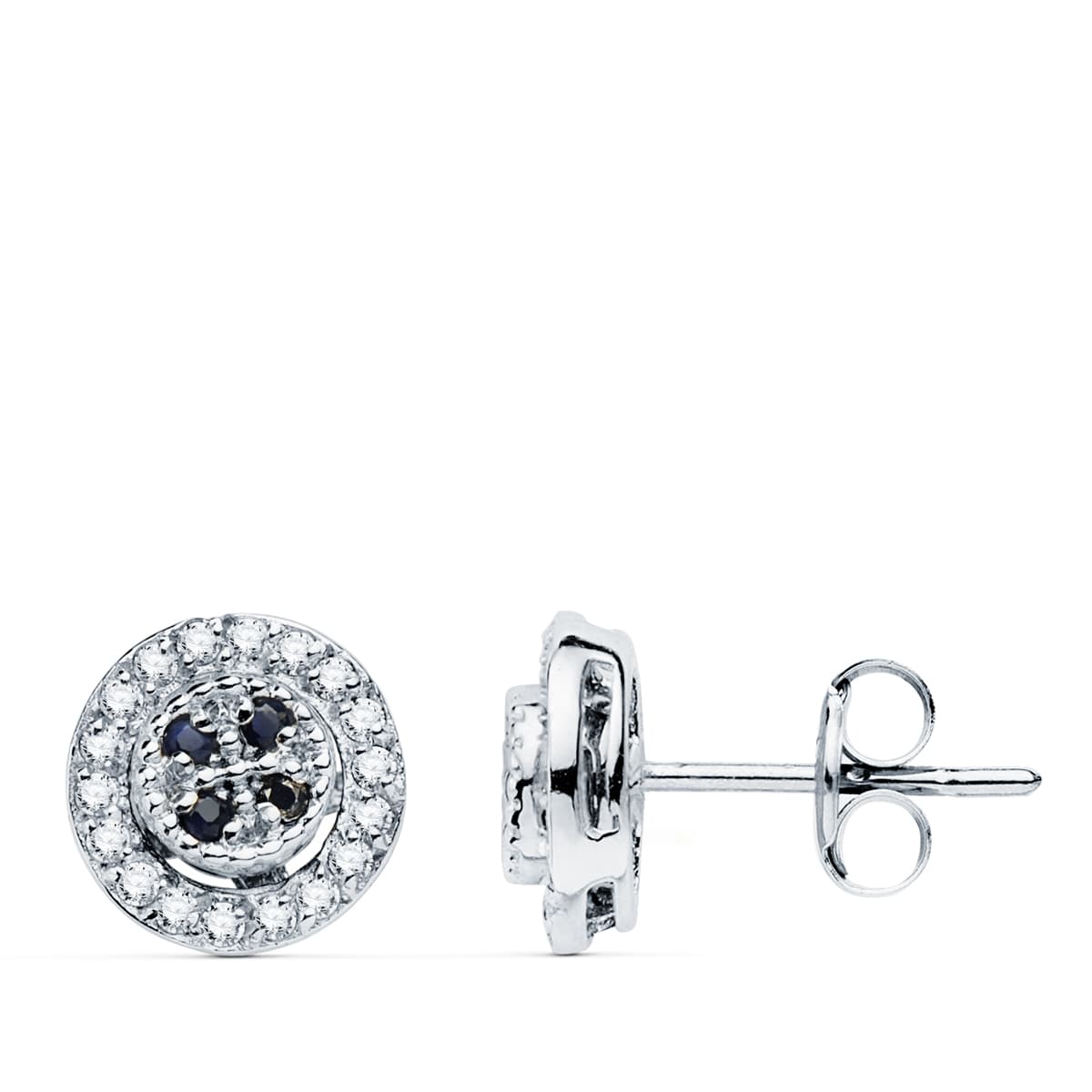 18K Boucles d'oreilles Or Blanc Rondes avec Zircons et Saphirs 8 mm