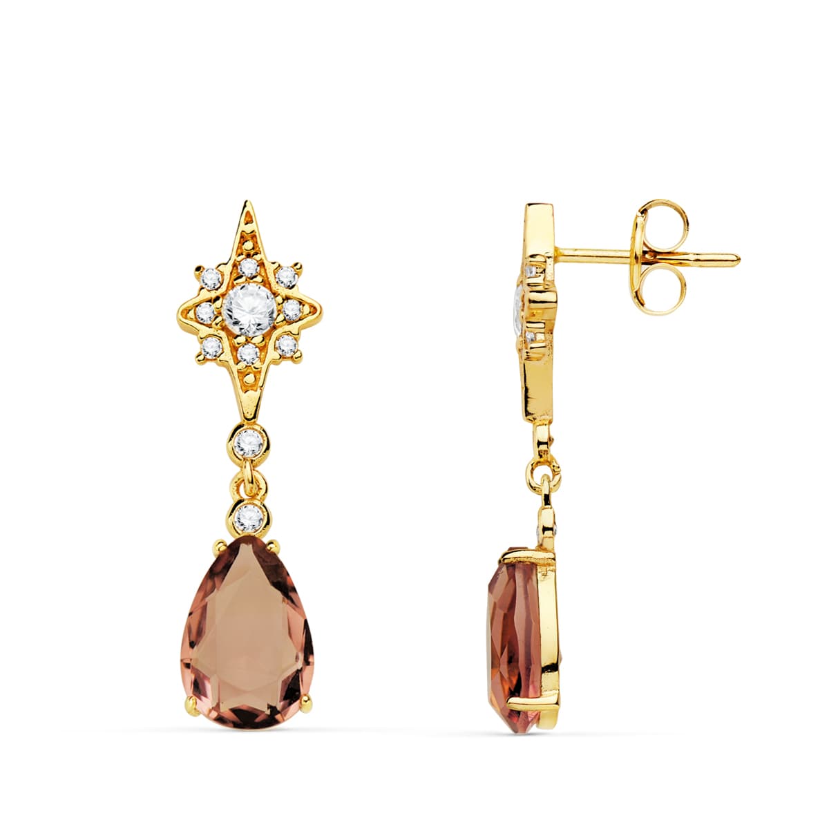 Boucles d'oreilles Or Jaune 18K Pierre Étoiles Couleur Poire Alexandrite 29X7 mm Fermoir Poussettes Papillon