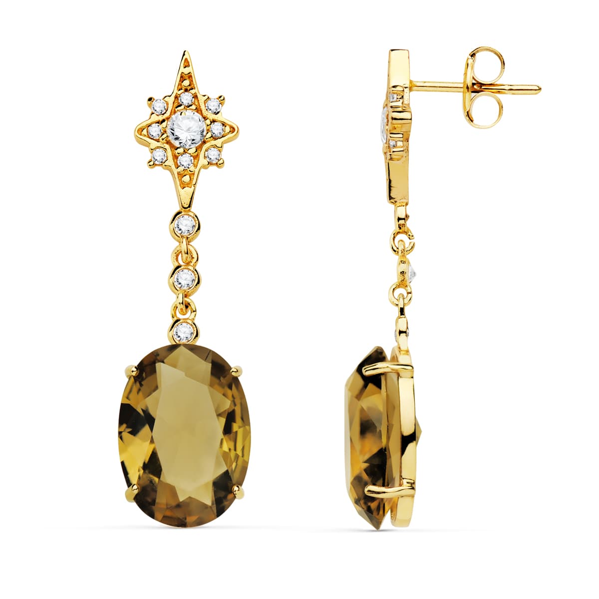 Boucles d'oreilles Or Jaune 18K Pierre Poire Couleur Fumée 37X10 mm Fermoir Poussettes