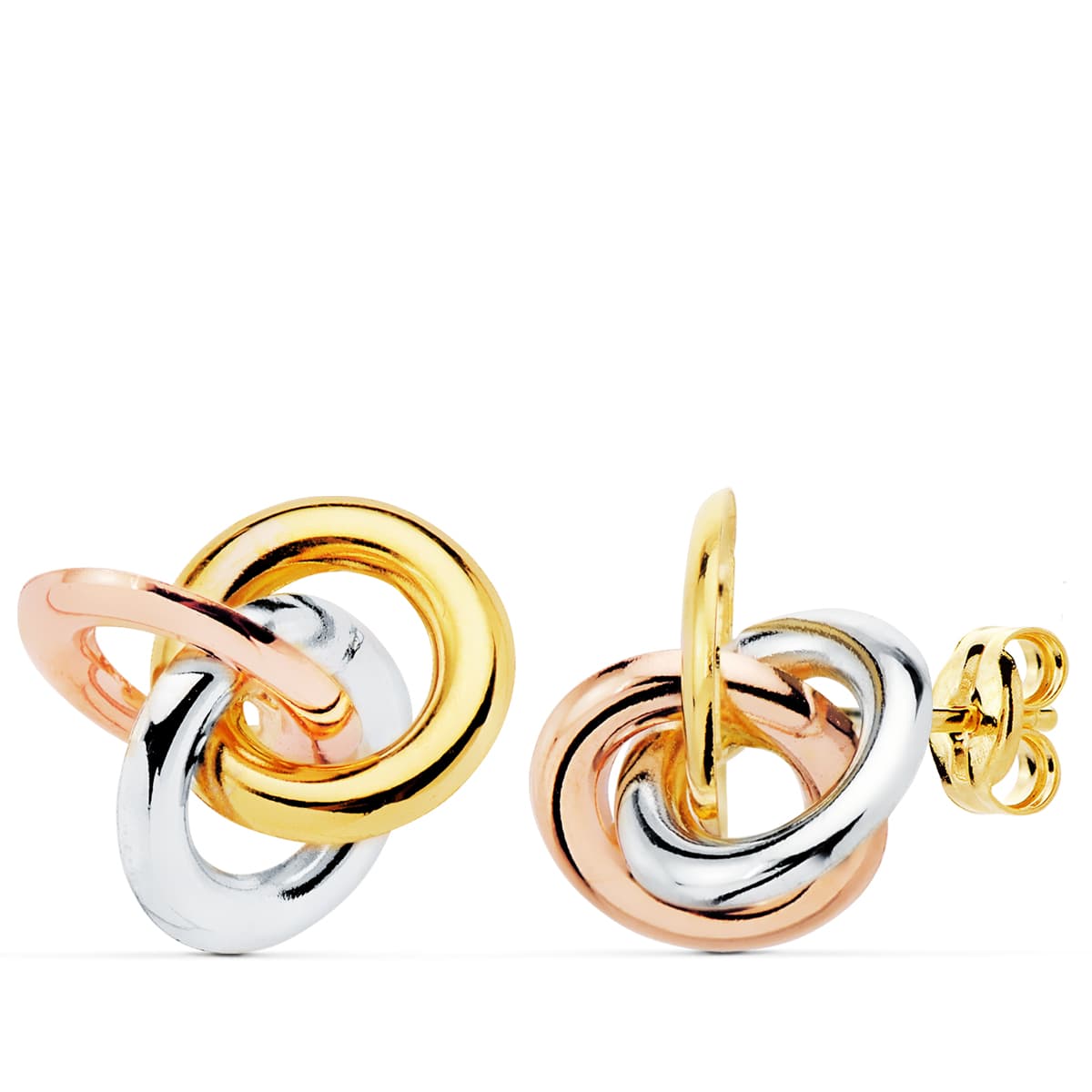 18K Tricolor Knot Øreringe 14X14 mm Push Clasp