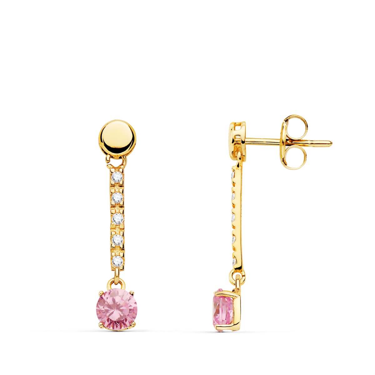 Boucles d'oreilles Or Jaune 18K Pierre Ronde Couleur Rose 25X5 mm Fermoir Poussettes Papillon