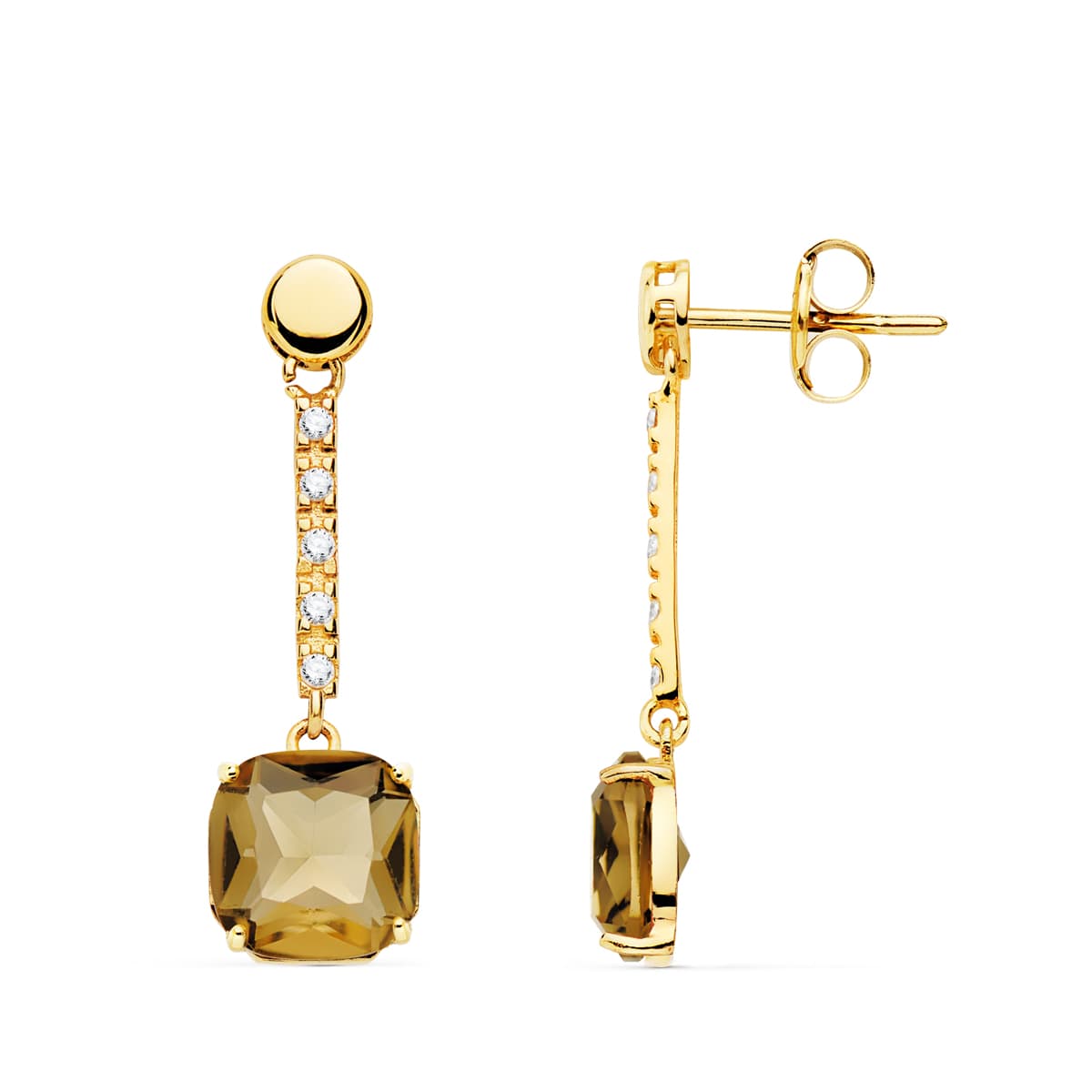 18K Boucles d'oreilles Or Jaune Pierre Carrée Couleur Fumé 28 X 8 mm Fermoir Poussettes Papillon