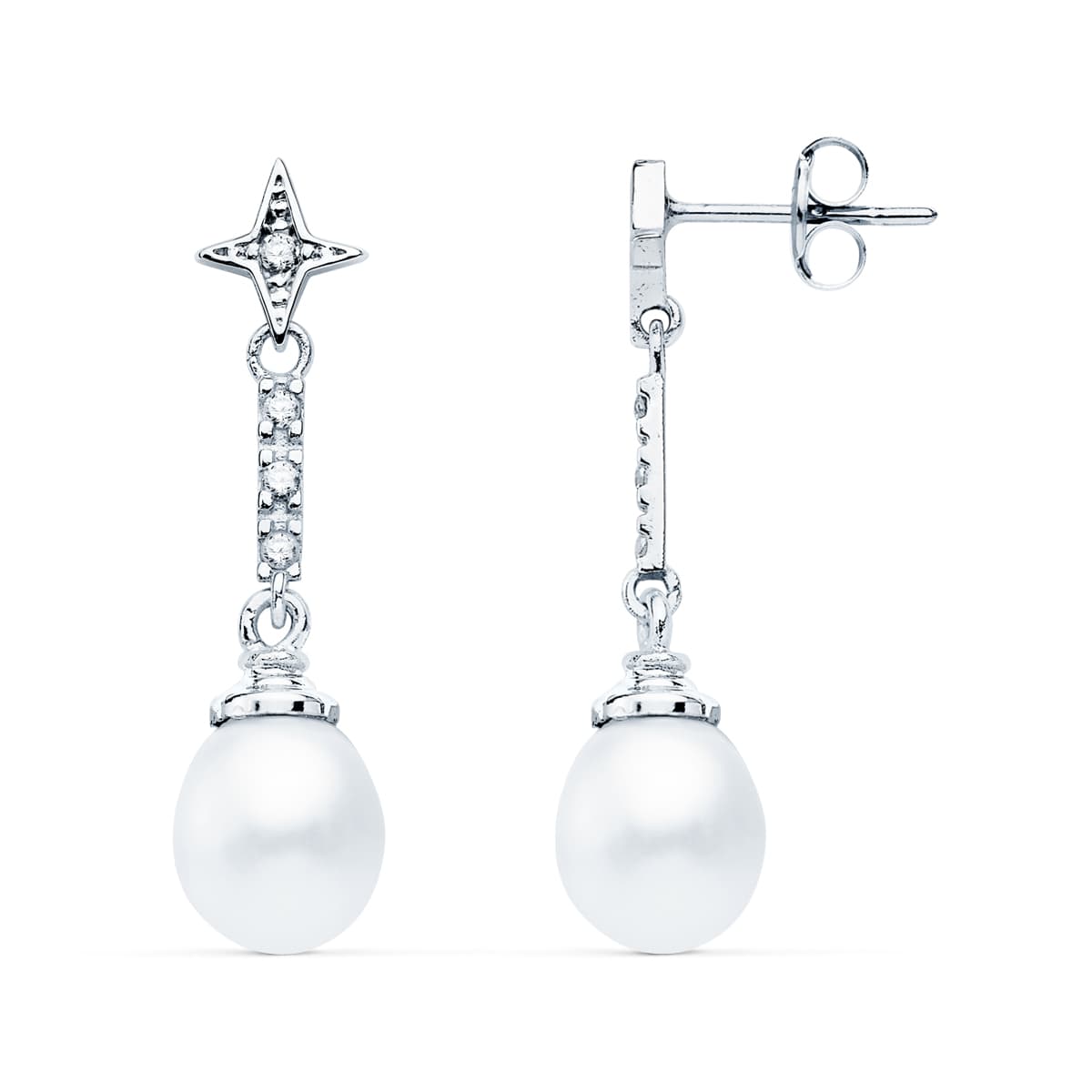 18K Boucles d'oreilles Or Blanc Perle et Zircons 28 X 8 mm Fermoir Poussettes Papillon