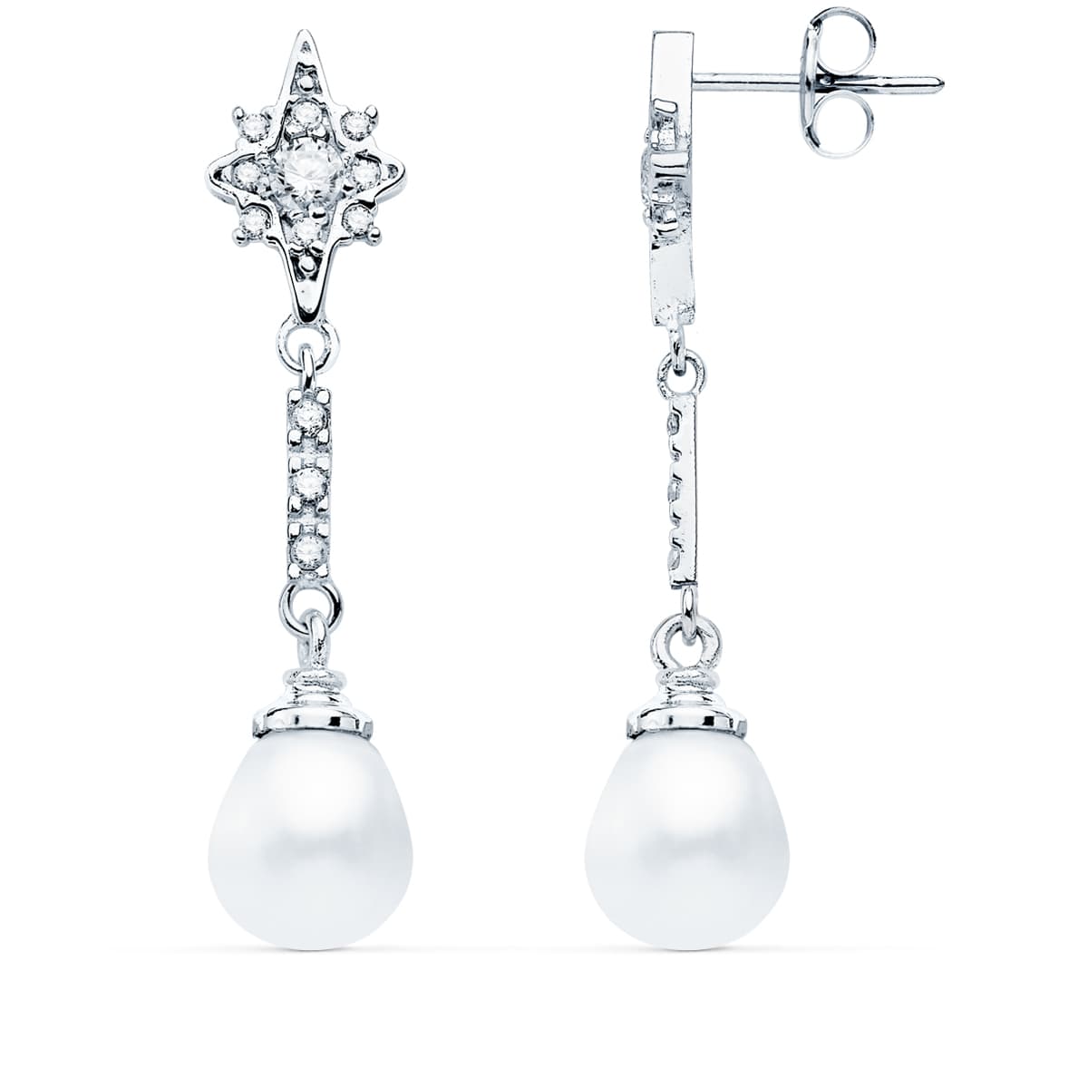 18K Boucles d'oreilles Or Blanc Perle et Zircons 36X8 mm Fermoir Poussettes Papillon