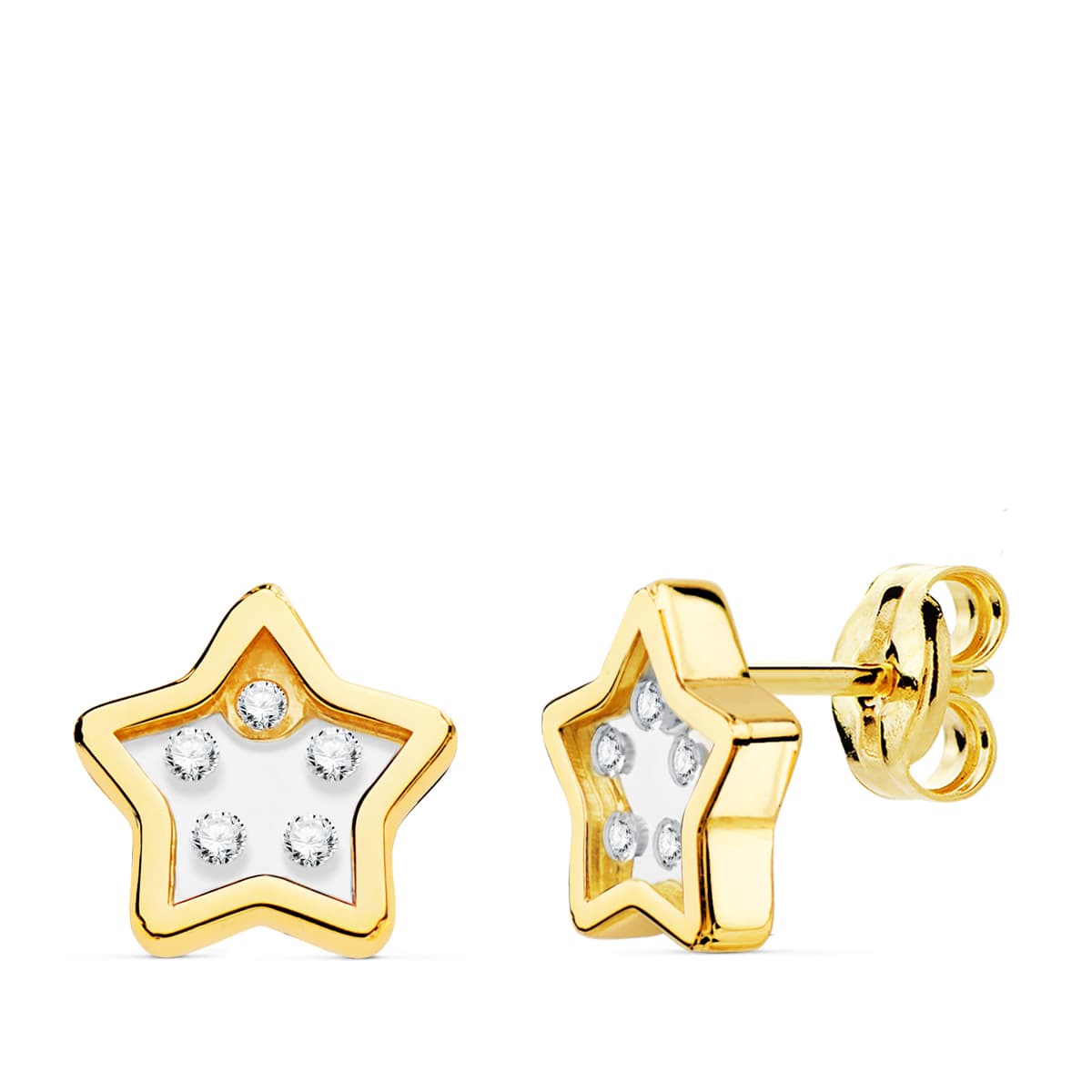 Pendientes Airshine Estrella y Circonitas Oro Amarillo 18K Cierre Mariposa Push 9 X 9 mm