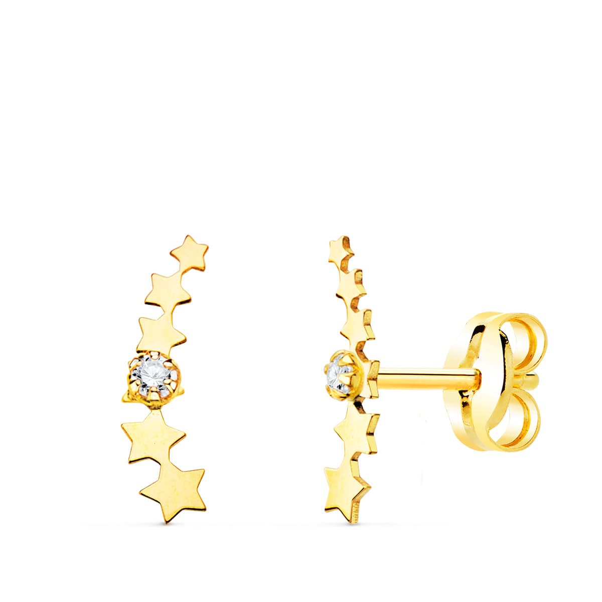 18K Boucles d'oreilles Or Jaune Mini Etoiles avec Zircon 10 X 2.5 mm Fermoir Poussettes Papillon