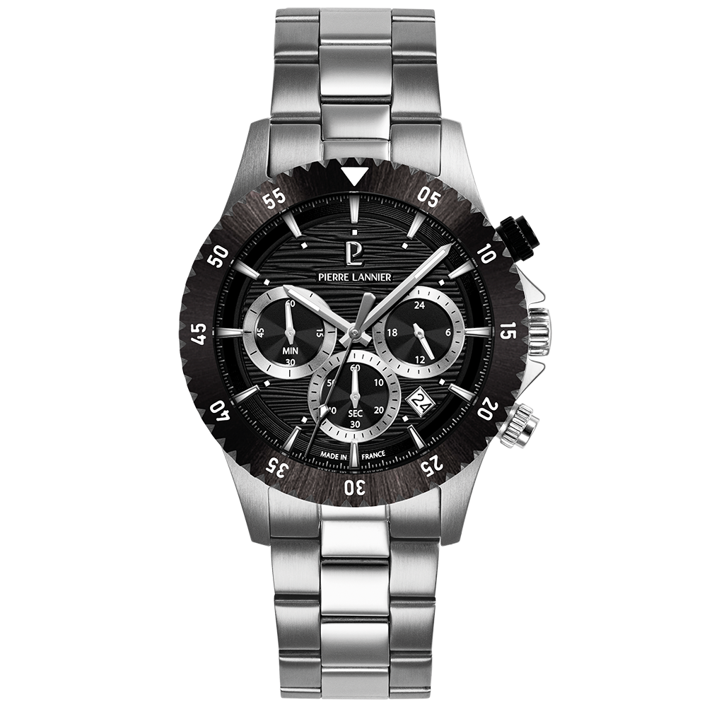 Montre homme Pierre Lannier DECIMA 211K131 – cadran noir bracelet acier argenté – vue de face