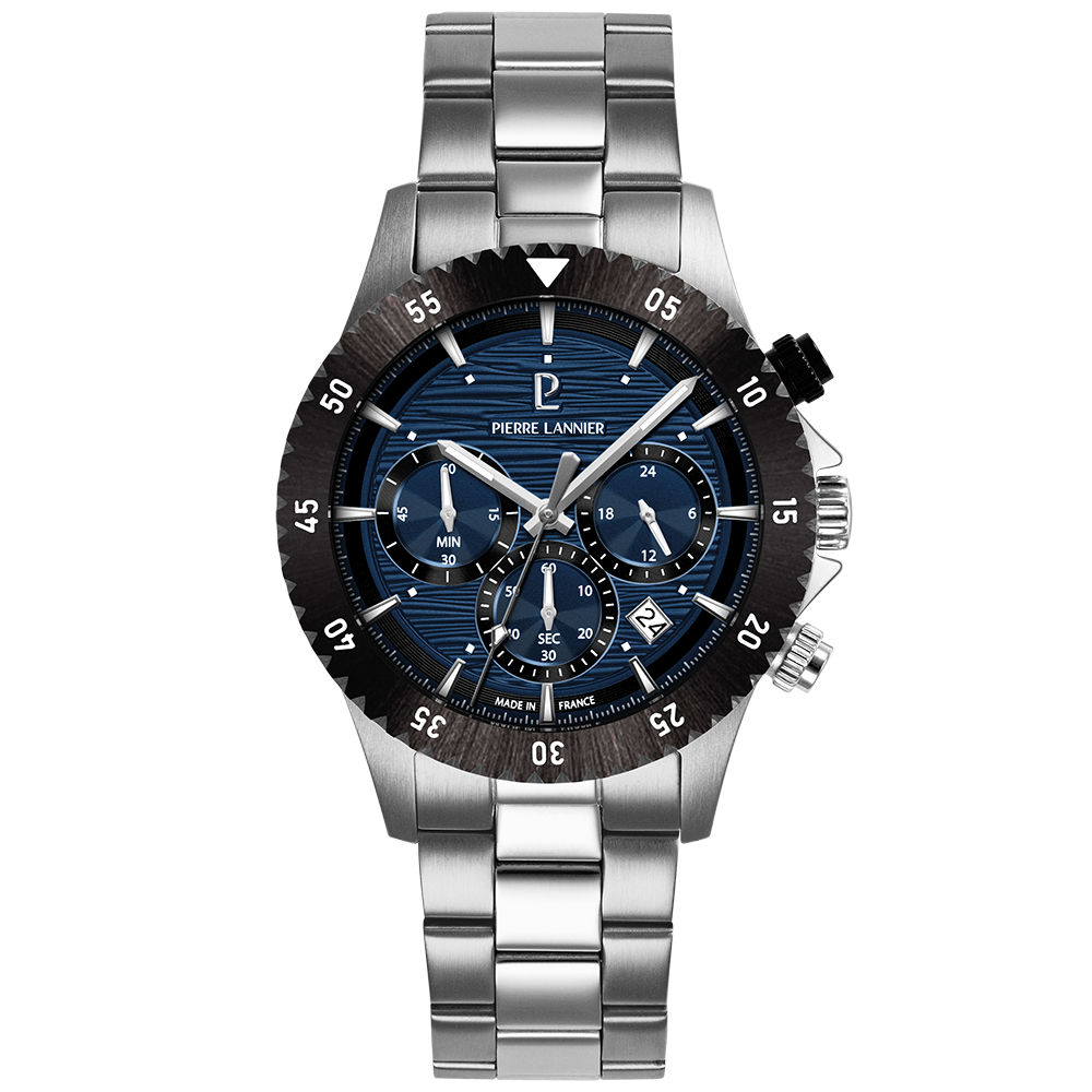 Montre homme Pierre Lannier DECIMA 211K161 – cadran bleu bracelet acier argenté – vue de face
