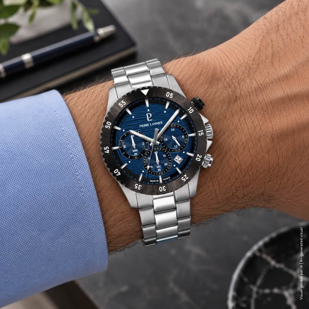 Montre homme Pierre Lannier DECIMA 211K161 – cadran bleu bracelet acier argenté – vue 2