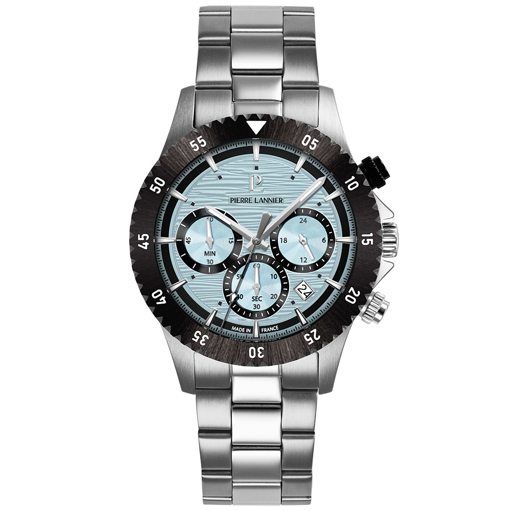 Montre homme Pierre Lannier DECIMA 211K191 – cadran bleu glacier bracelet acier argenté – vue de face