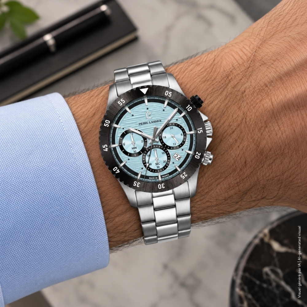 Montre homme Pierre Lannier DECIMA 211K191 – cadran bleu glacier bracelet acier argenté – vue 2