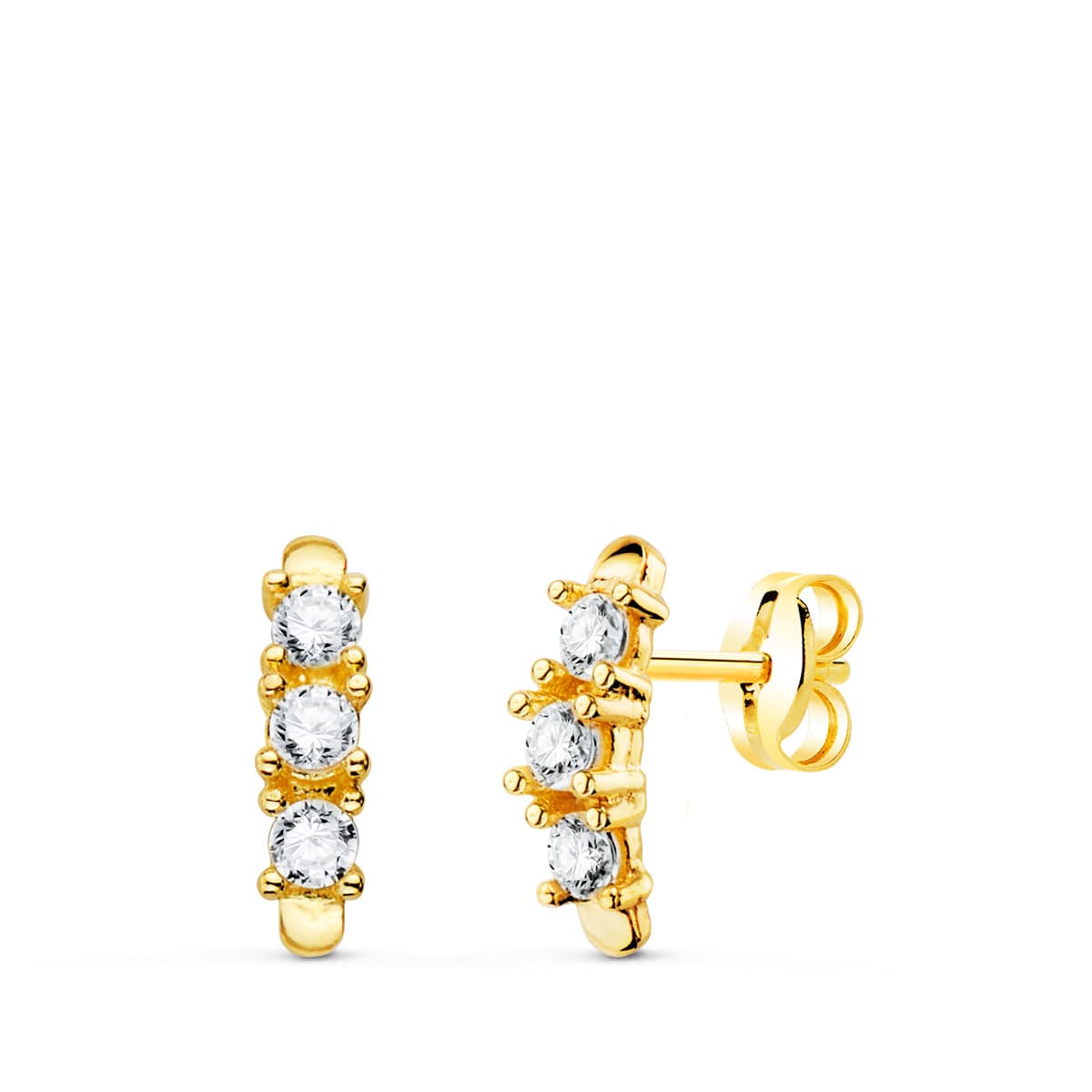18K Boucles d'oreilles Puces en Or Jaune et Zircons 9.5X2.5 mm Poussettes