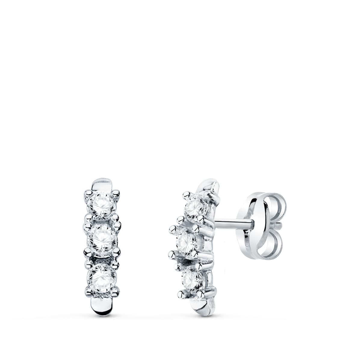 18K Boucles d'oreilles Puces en Or Blanc et Zircons. 9.5X2.5 mm Poussettes.