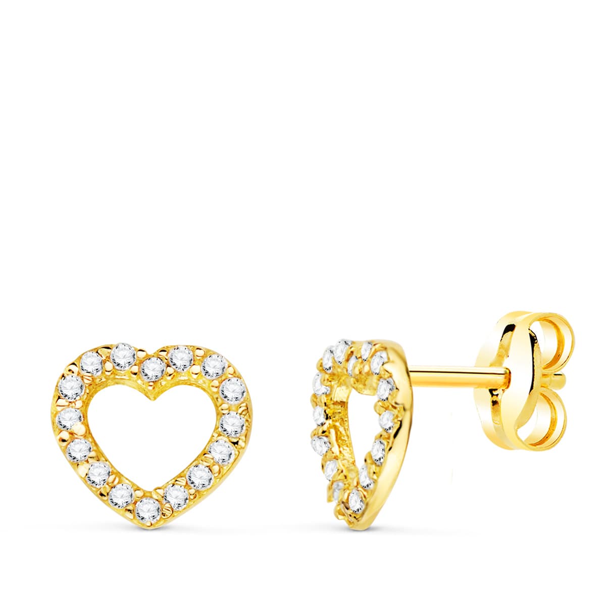 Pendientes Oro Amarillo 18K Corazón y Circonitas 7X7 mm Cierre Push
