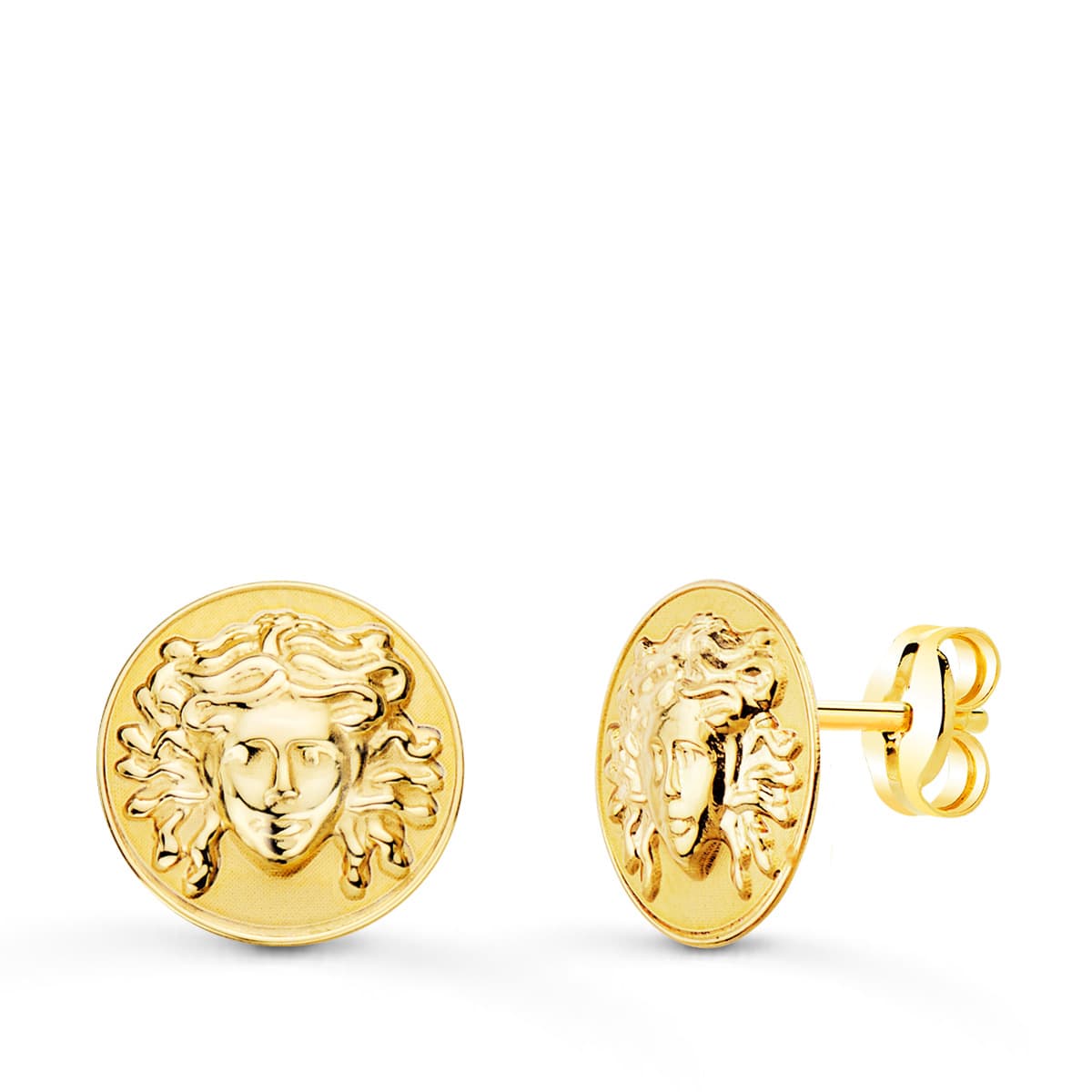 18K Boucles Doreille en Or Jaune Rondes avec Méduse 12 mm Mate. Poussettes.