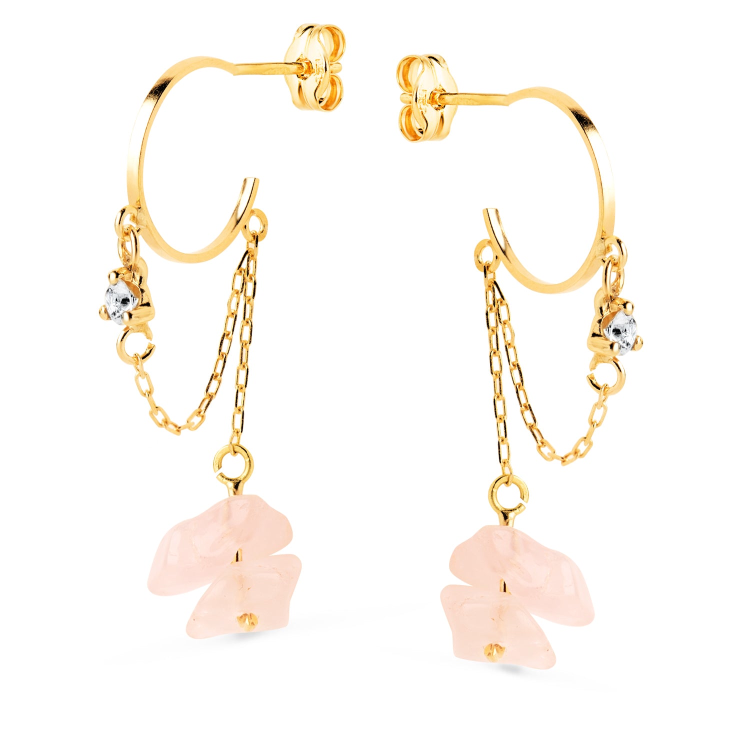 Boucles d'oreilles Or Jaune 18K Demi Créoles 11MM avec Chaîne et Quartz Rose Fermoir Poussette Papillon 33MM