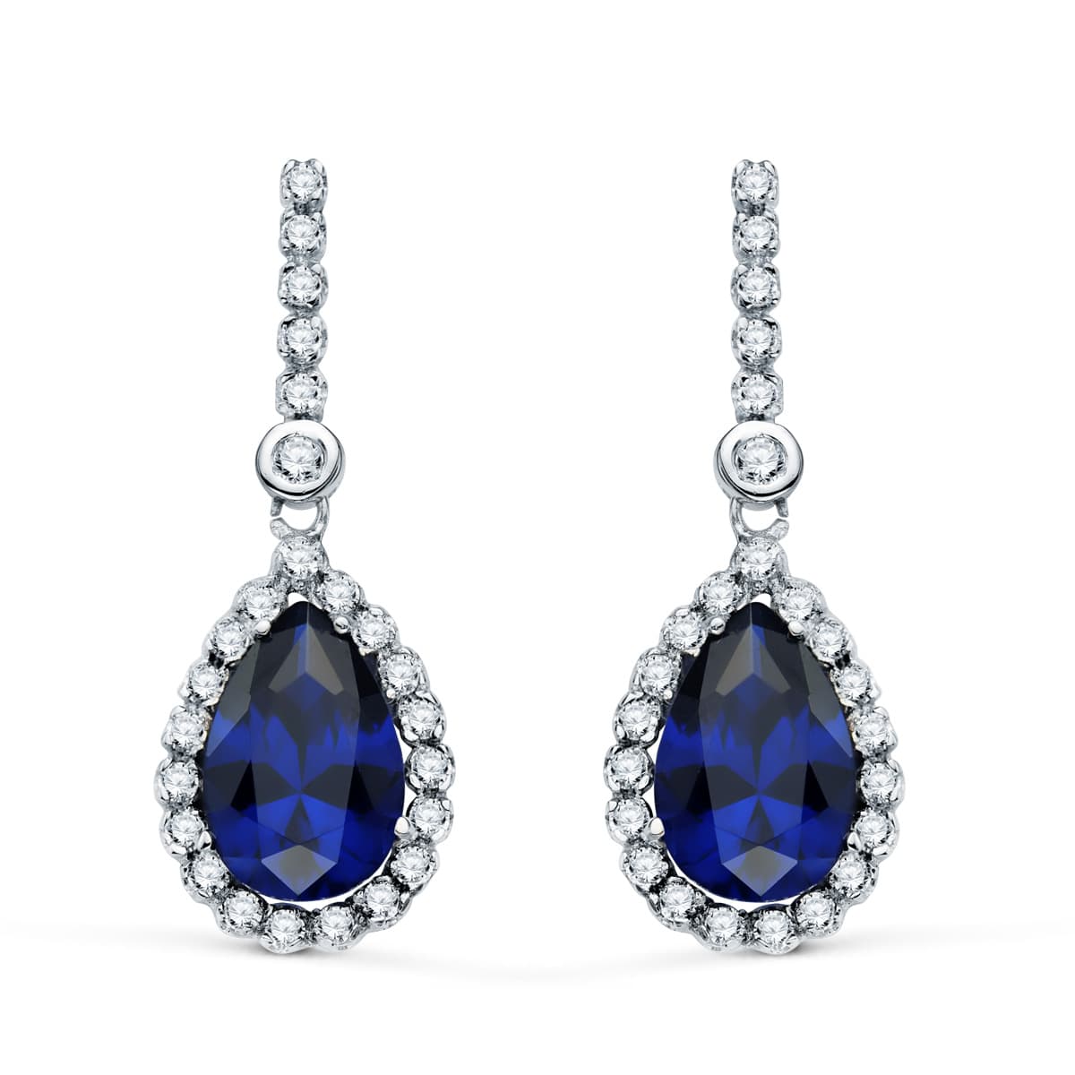 18K Boucles d'oreilles Or Blanc Pierre Bleu 12X8 Mm. 33 X 12 mm Fermoir Poussettes Papillon
