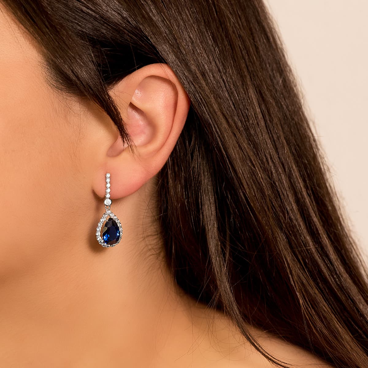 18K Boucles d'oreilles Or Blanc Pierre Bleu 12X8 Mm. 33 X 12 mm Fermoir Poussettes Papillon