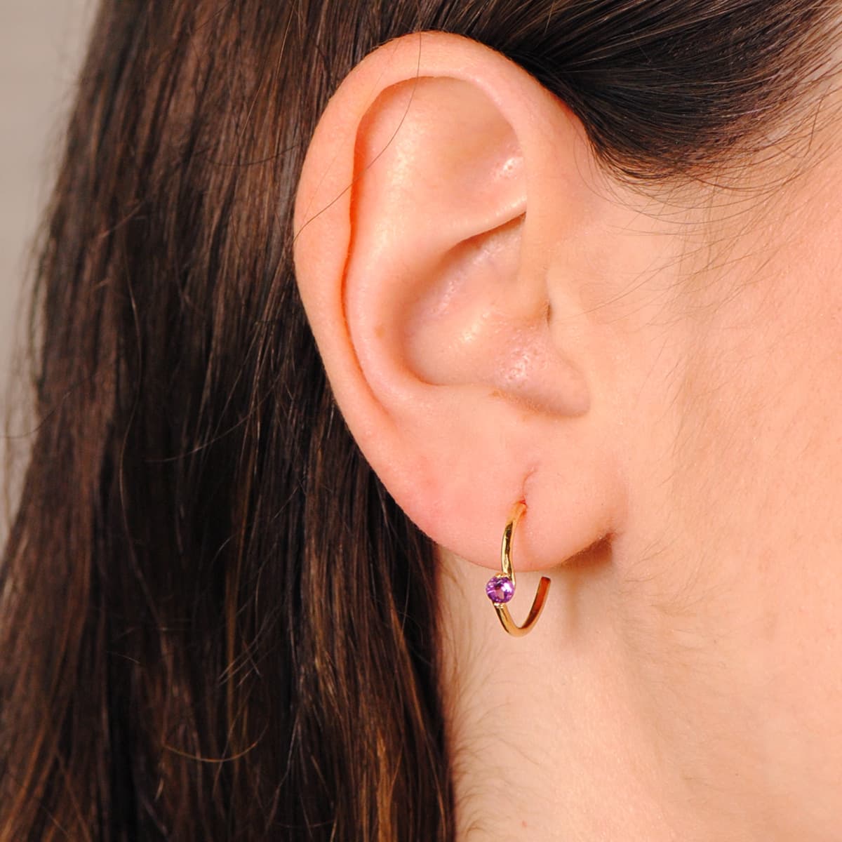 18K Boucles d'oreilles Demi-créoles Pierre Fine Carrée Or Jaune 15MM Fermoir Poussettes Papillon