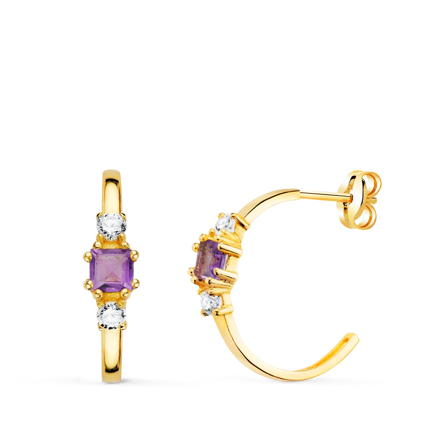 Half-Creole Earrings 18K Yellow Gold Amethyst Square and Zircon 14X3.5 mm Butterfly Stroller Clasp