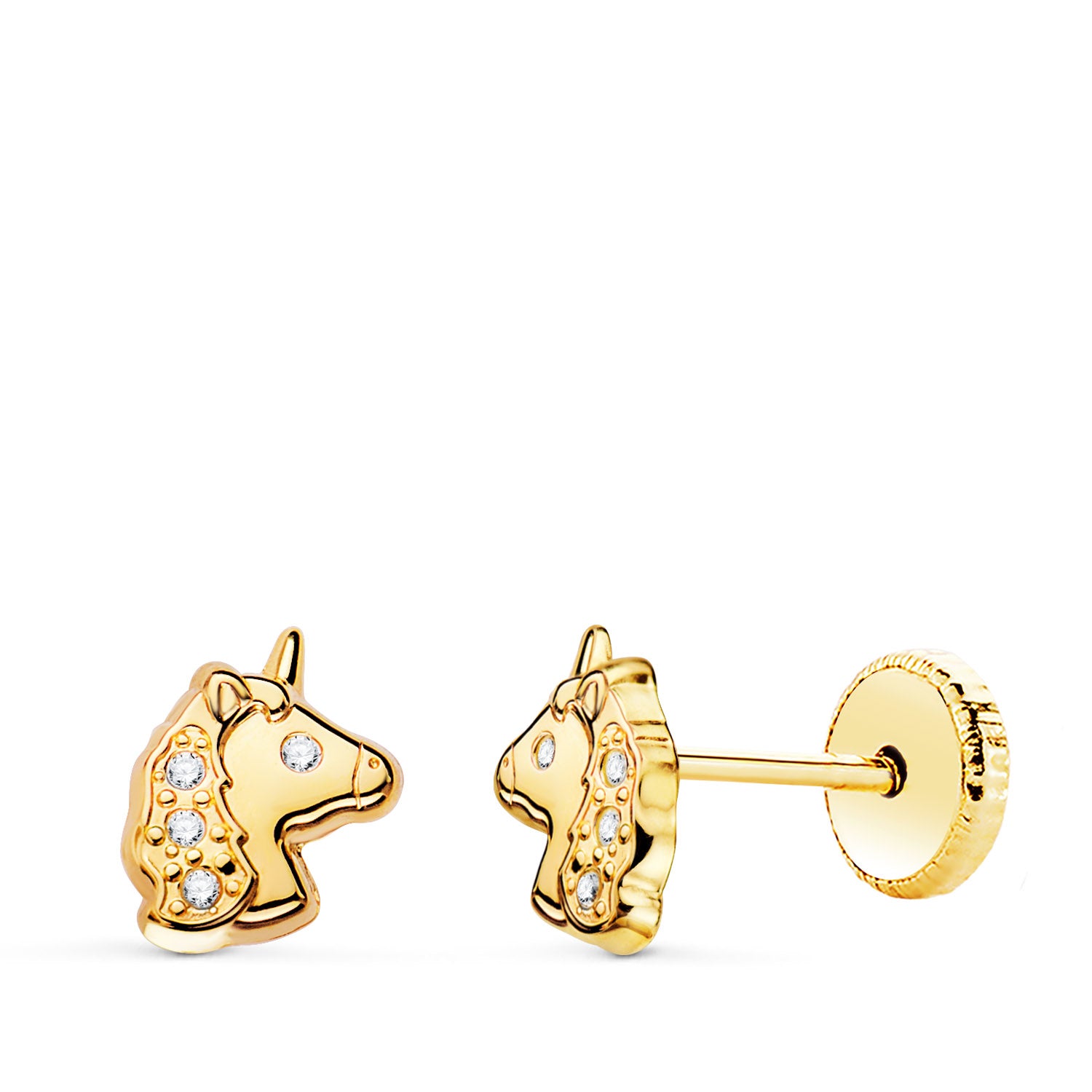 18K Clous d'oreilles Licorne en Or Jaune et Zircons. Fermoir à Vis 7,5 X 6 mm