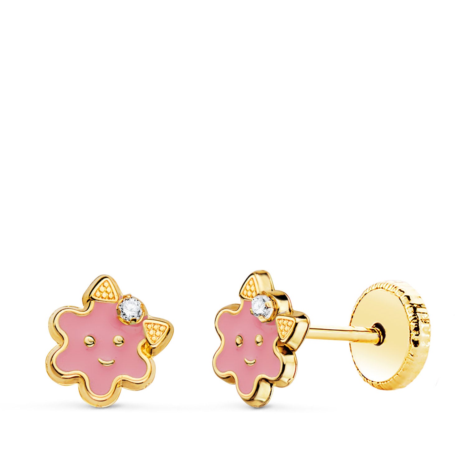 18K Clous d'oreilles en Or Jaune Fleur Émail Rose Fermoir à Vis 6,5 X 6,5 mm