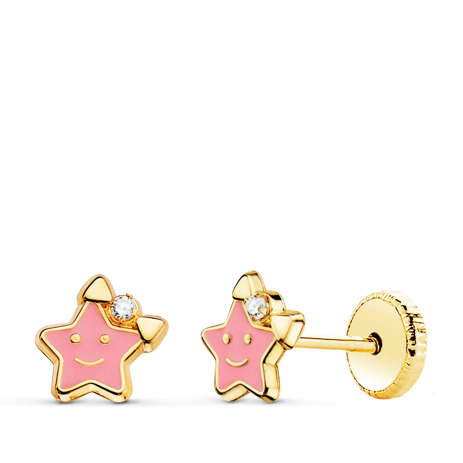 18K Clous d'oreilles en Or Jaune Étoile Émail Rose Fermoir à Vis 6,5X6,5 mm