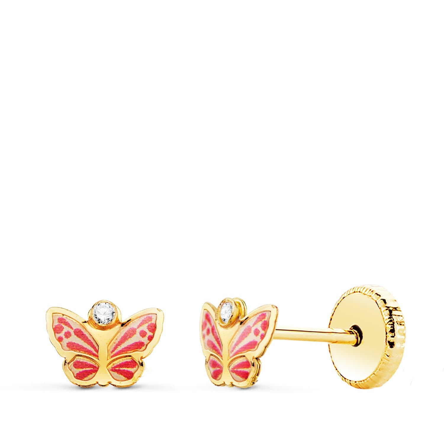 18K Boucles d'oreilles Or Jaune Papillons Émaillé avec Zircon 6 X 4 mm