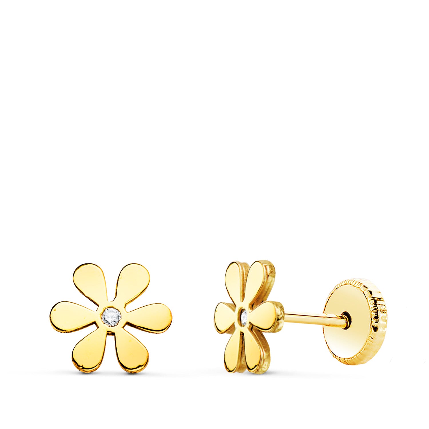 Pendientes Oro Amarillo 18K Flor 6 Pétalos y Cierre Rosca Circonitas 6X6MM