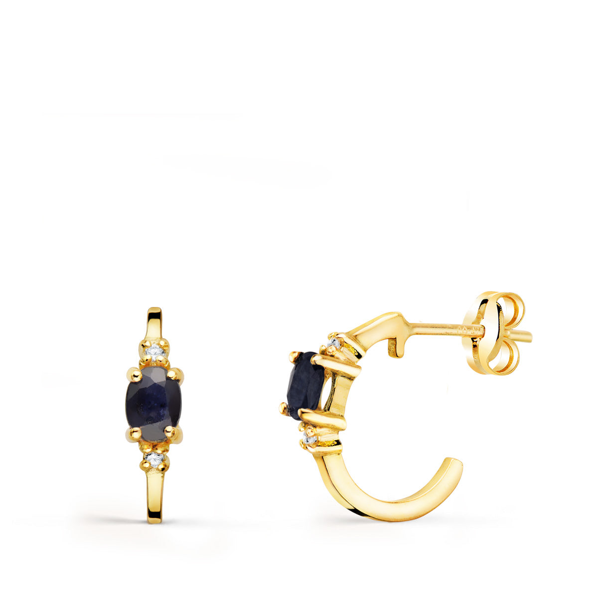 18K Boucles d'oreilles Demi Créoles et Saphir 12 X 3 Or Jaune. Fermoir Poussettes Papillon