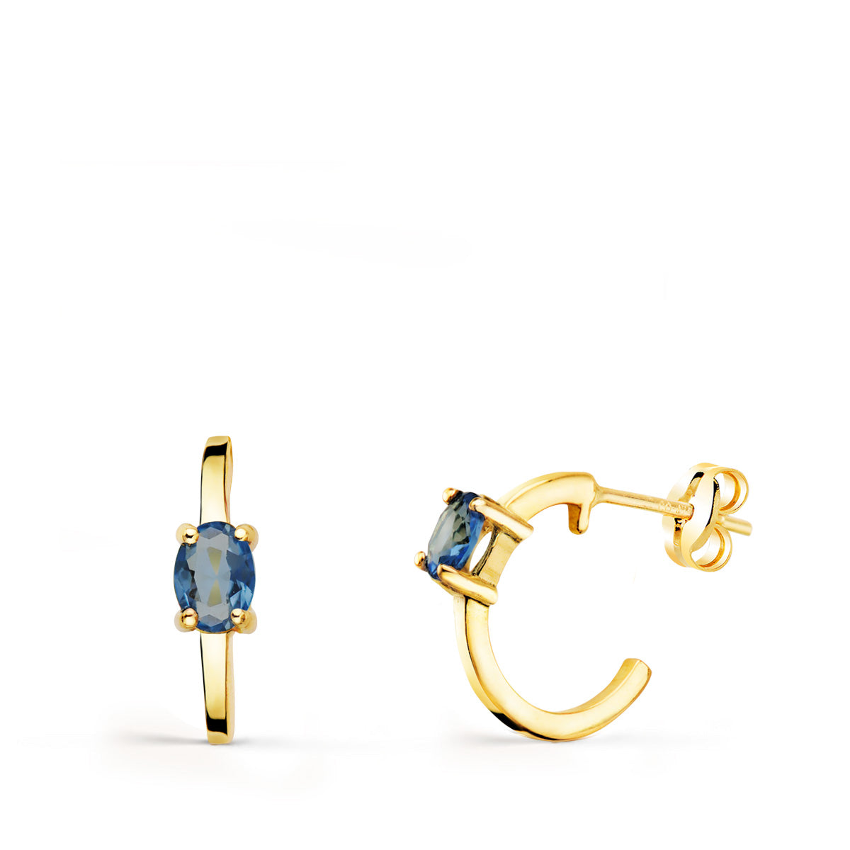 18K Boucles d'oreilles Créoles en Or Jaune et Aigue-marine 12 X 3 Mm. Fermoir Poussettes Papillon